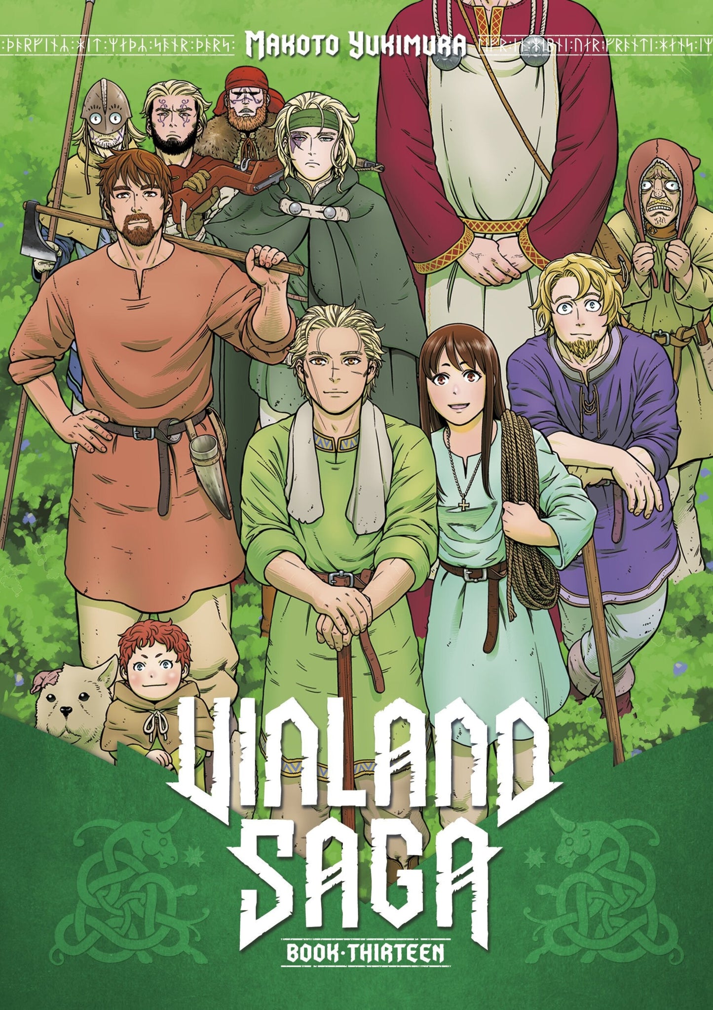 Cover of 'Vinland Saga' Book Thirteen featuring characters in a group setting with a green background.