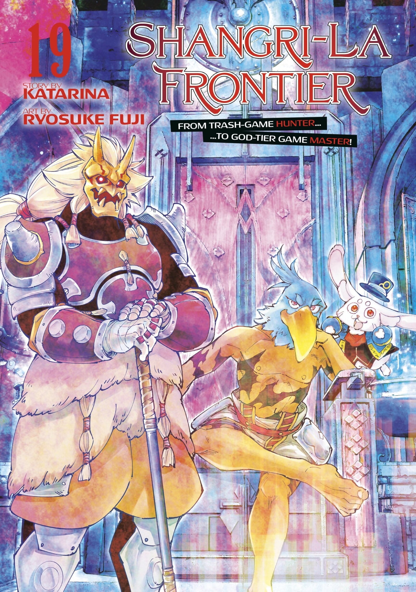 Cover of 'Shangri-La Frontier' Volume 19 with two characters in fantasy attire against a futuristic cityscape.
