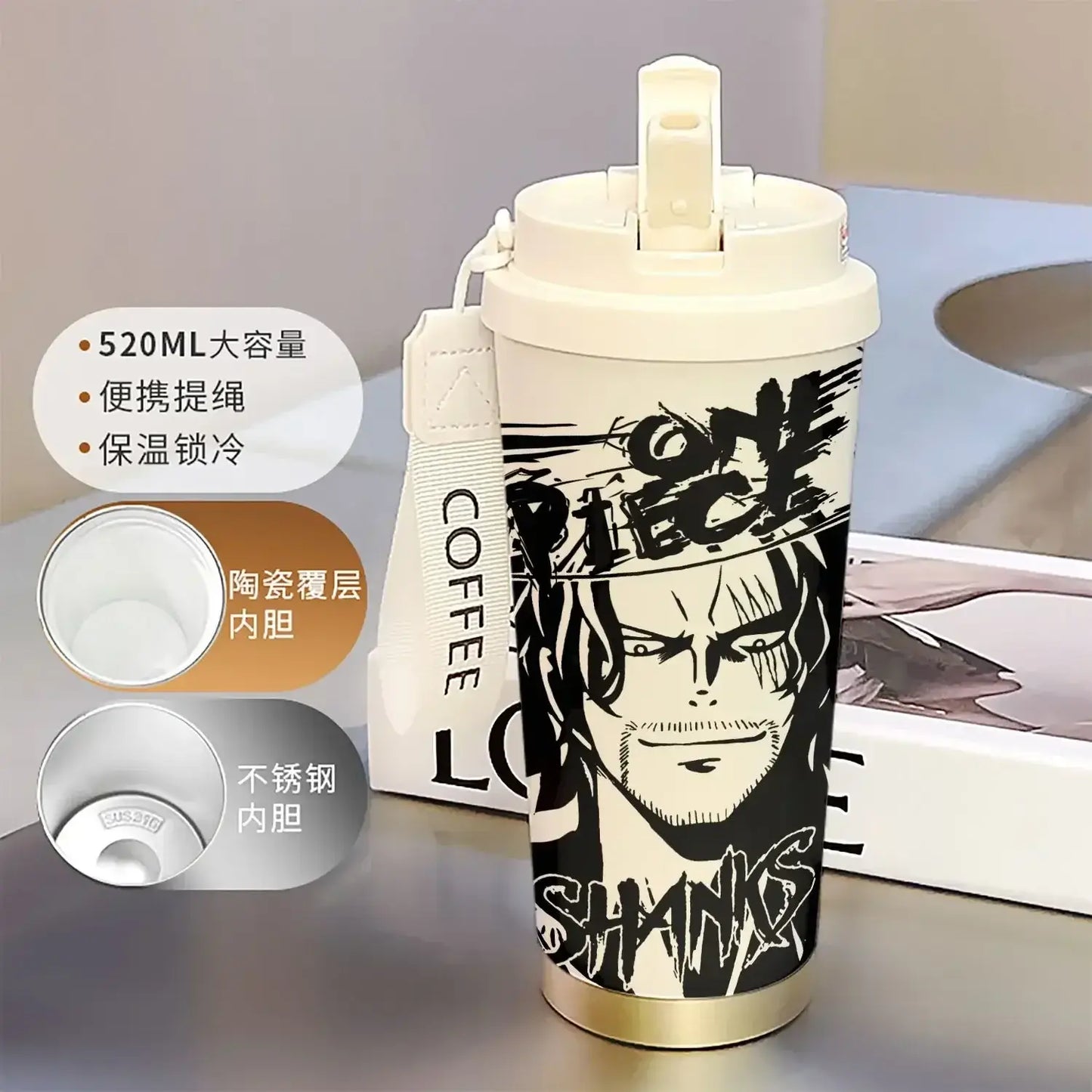 One Piece Thermos Cup: 520ML Luffy & Zoro Anime Straw Mug