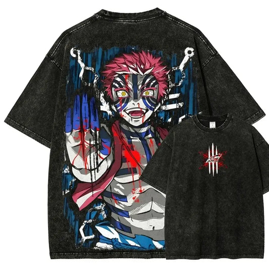 Washed Vintage Akaza T-shirt Demon Slayer Manga Graphic