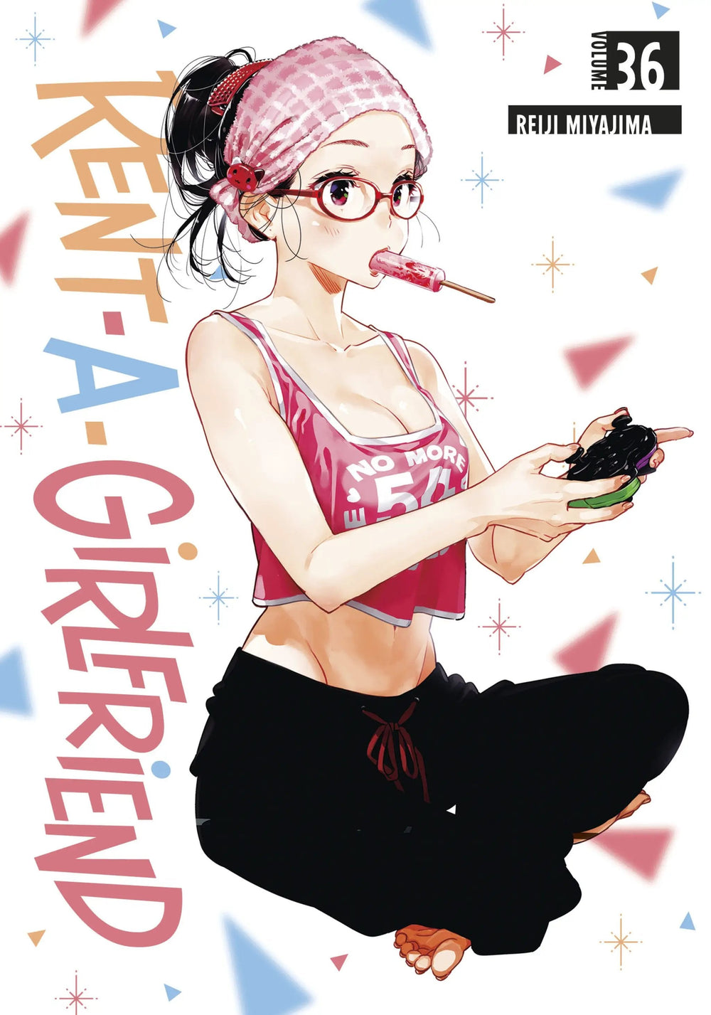 Anime-style girl in pink beanie and red glasses licking a pink popsicle, wearing a pink tank top and black pants.