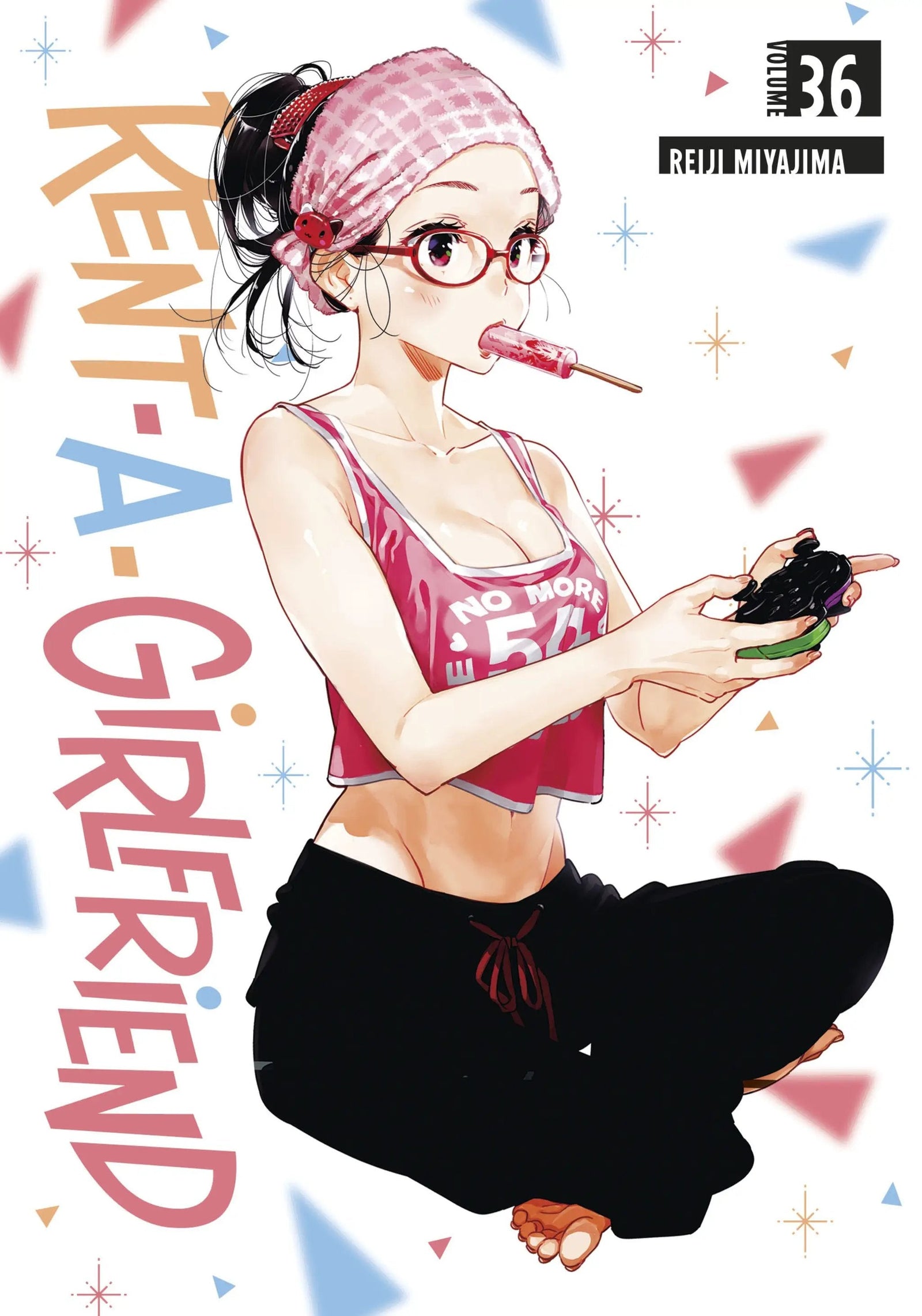Anime-style girl in pink beanie and red glasses licking a pink popsicle, wearing a pink tank top and black pants.
