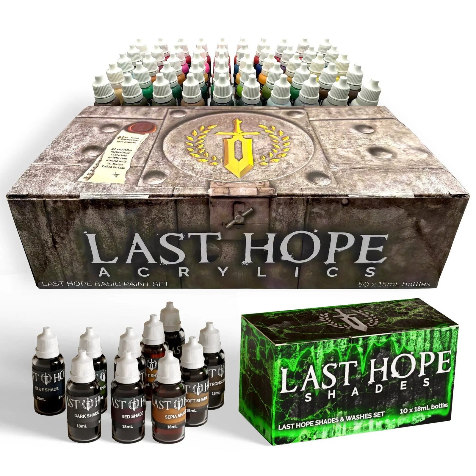 Campaigns & Accessories: Last Hope acrylics basic paint set in a weathered campaign box with 50 x 15ml bottles.