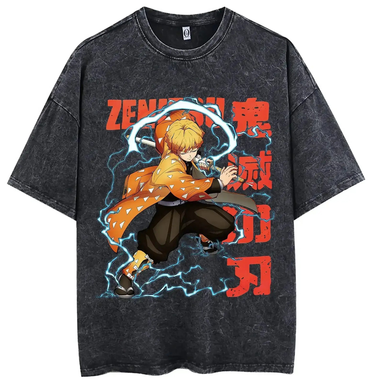 Anime graphic tee with blond-haired hero in orange cloak and electric blue lightning on charcoal-washed fabric.