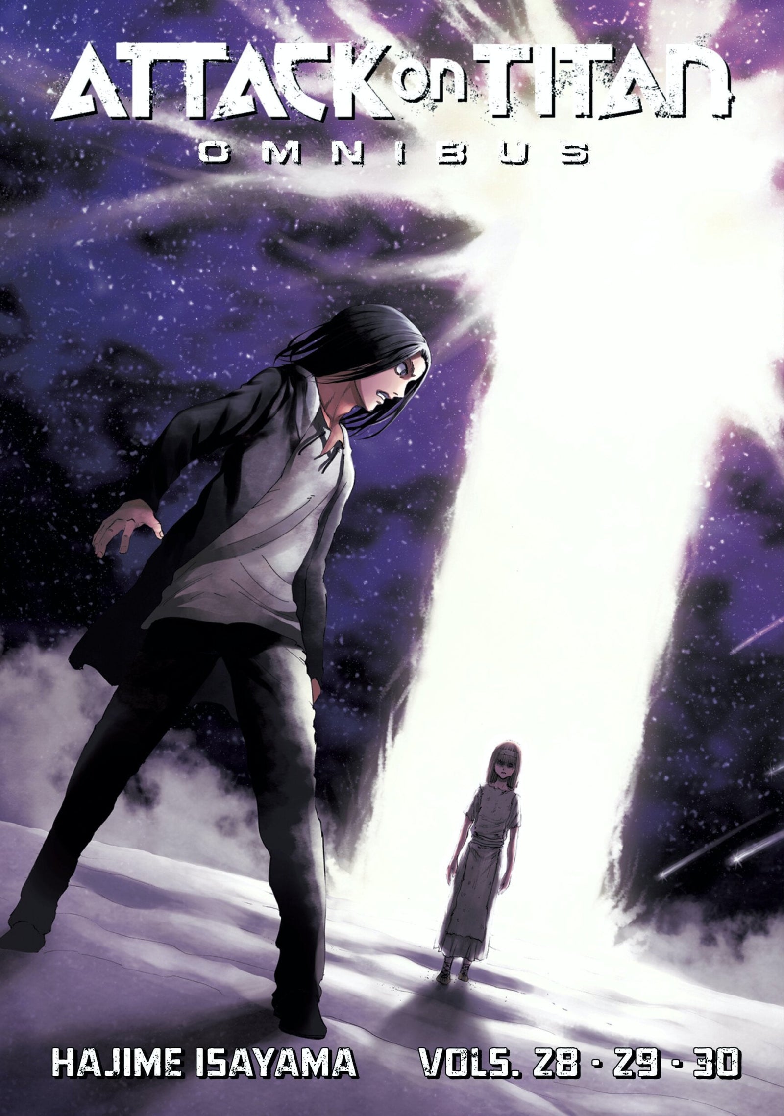 Omnibus edition of Attack on Titan cover with a man and a girl in a snowy, cosmic landscape.