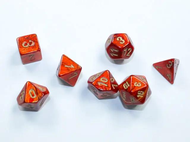 Mini 7-die set from Chessex featuring colorful polyhedral dice in a compact display. Perfect for tabletop gaming.