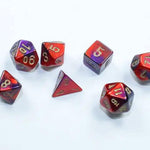 Mini 7-die set of Chessex dice in various colors and sizes, perfect for tabletop gaming, displayed in a clear, close-up shot.