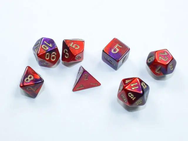 Mini 7-die set of Chessex dice in various colors and sizes, perfect for tabletop gaming, displayed in a clear, close-up shot.