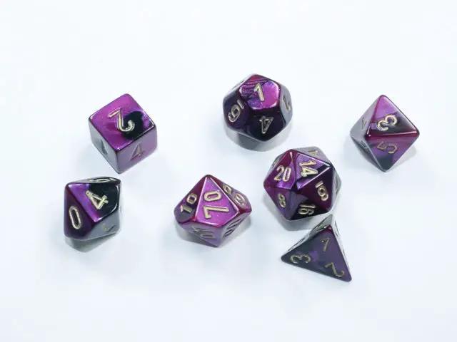 Mini 7-die set from Chessex, featuring colorful polyhedral dice for tabletop gaming, displayed on a white background.
