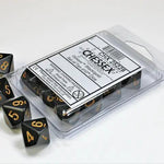 Set of ten opaque black and gold d10 dice from THE MIGHTY HOBBY SHOP, featuring numbered faces for tabletop gaming.