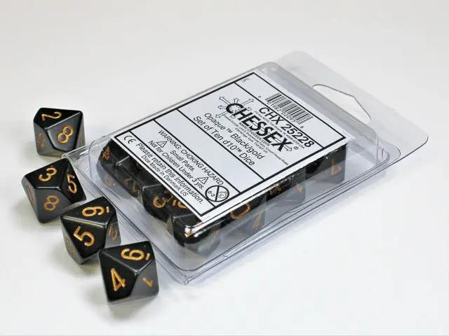 Set of ten opaque black and gold d10 dice from THE MIGHTY HOBBY SHOP, featuring numbered faces for tabletop gaming.
