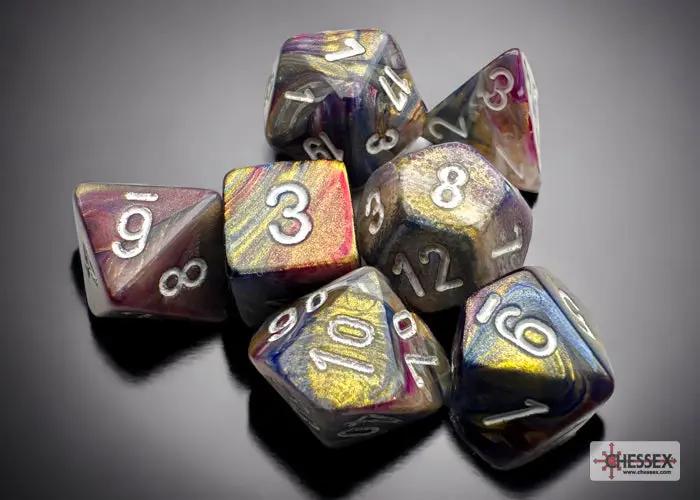 Mini Chessex 7-die set in vibrant colors, perfect for tabletop gaming and role-playing games.