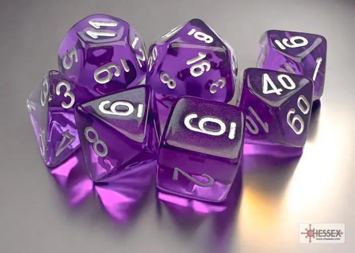 Translucent purple and white mini 7-die set from Chessex, featuring various shaped polyhedral dice for tabletop gaming.