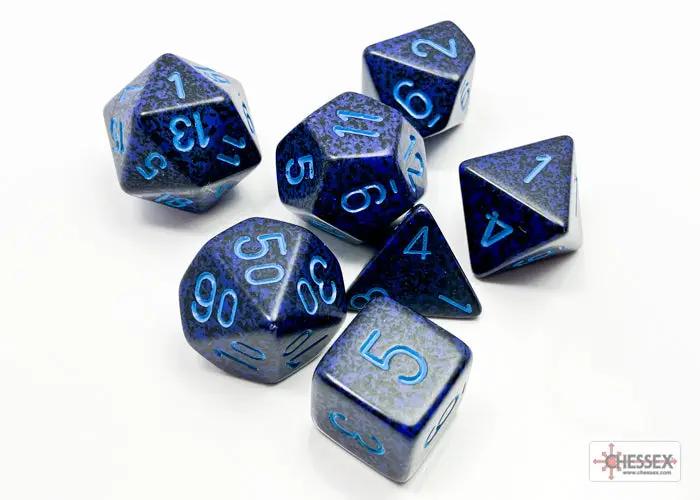 Speckled cobalt polyhedral 7-dice set from Chessex, featuring various dice shapes for tabletop gaming.