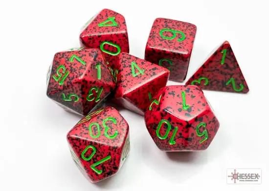 Speckled strawberry colored polyhedral 7-dice set from Chessex, featuring various shapes for tabletop role-playing games.