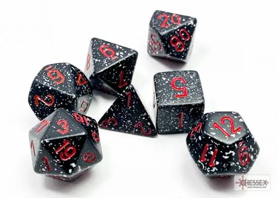Speckled space-themed 7-dice set by THE MIGHTY HOBBY SHOP, includes various polyhedral dice for tabletop gaming.