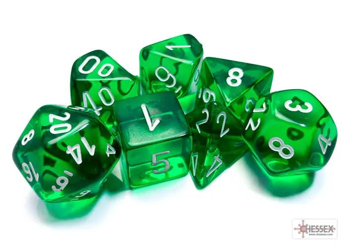Transgreen polyhedral 7-dice set by THE MIGHTY HOBBY SHOP, includes a d4, d6, d8, d10, d12, d20, and d100 for tabletop games.