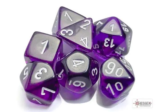 Translucent purple polyhedral 7-dice set from Chessex, featuring various shapes for tabletop role-playing games.