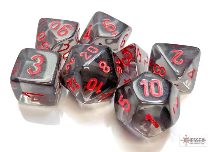 Translucent polyhedral 7-dice set by Chessex featuring a smoky red design for tabletop role-playing games.