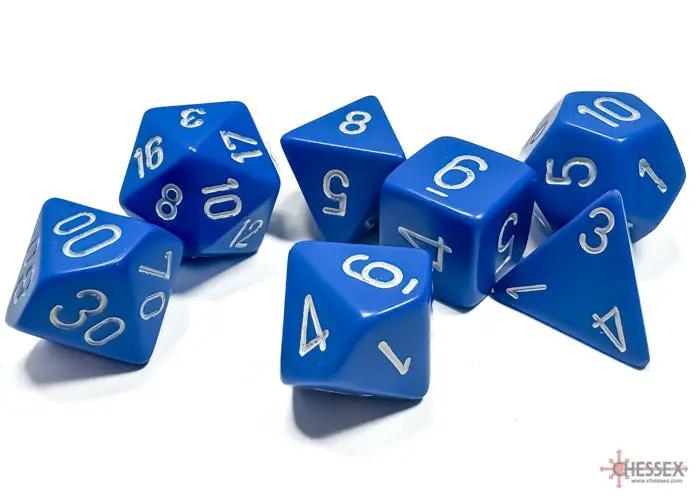 Opaque blue polyhedral 7-dice set from Chessex, featuring a variety of shapes including a d20, d12, and d6 for tabletop gaming.