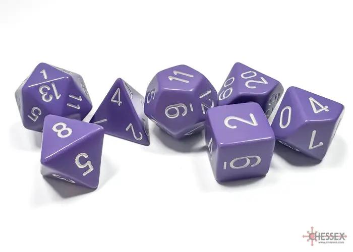 Opaque purple polyhedral 7-dice set from Chessex, featuring a variety of dice for tabletop gaming, displayed on a plain background.