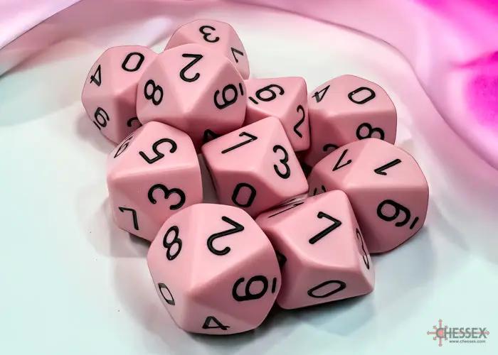 Set of ten pink d10 dice from Chessex, featuring bold numbers and a smooth surface, ideal for tabletop role-playing games.