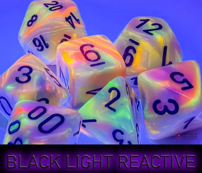 Festive Mega-hedral Circus black 7-Die set from THE MIGHTY HOBBY SHOP, featuring colorful, intricately designed polyhedral dice.
