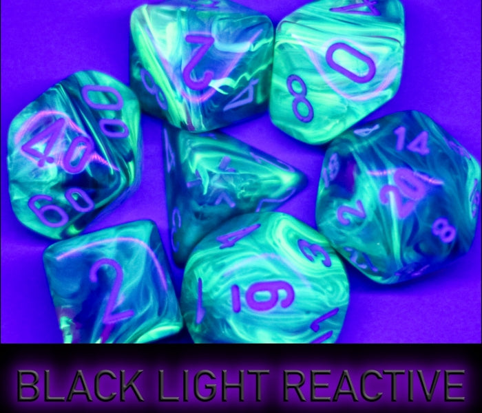 White Mega-hedral Waterlily 7-Die set by THE MIGHTY HOBBY SHOP, featuring intricately designed waterlily-shaped dice for tabletop gaming.