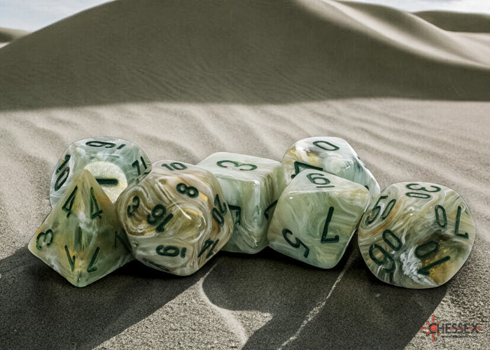 Green marble 7-die set for tabletop gaming, featuring dark green and lighter green hues, from THE MIGHTY HOBBY SHOP.
