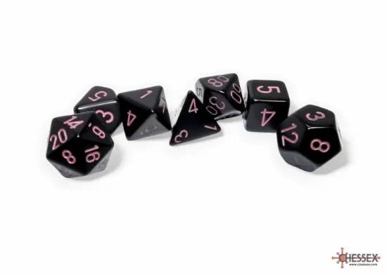 Pink polyhedral 7-dice set from Chessex, featuring various shapes and sizes, perfect for tabletop gaming and role-playing games.
