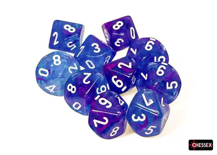 Set of ten Chessex d10 dice in various colors, featuring numbered faces, used for tabletop gaming and role-playing games.