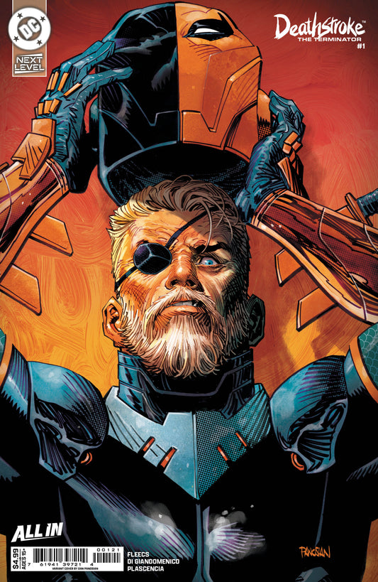 Comic book cover featuring a character with a helmet and beard, with 'Deathstroke' branding.