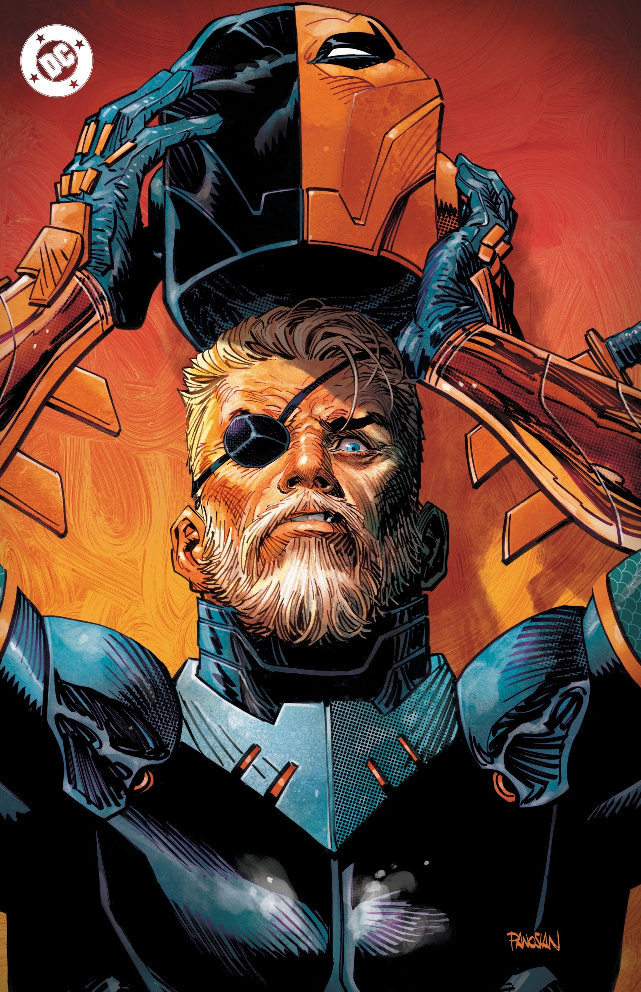 Comic book cover featuring a character with a helmet and beard, with a red and orange background.