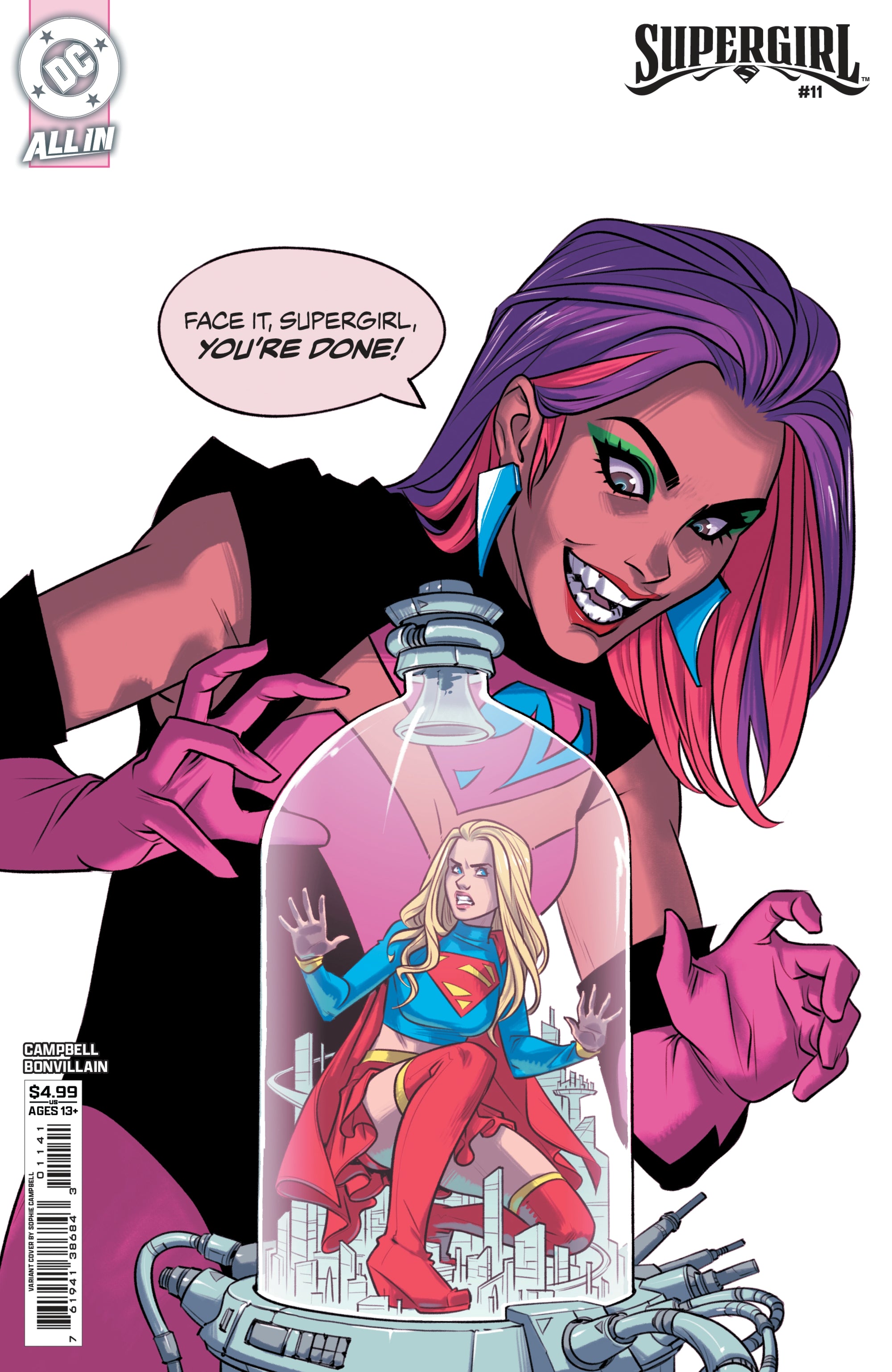 Comic book cover featuring a character with pink hair and another character inside a glass jar.