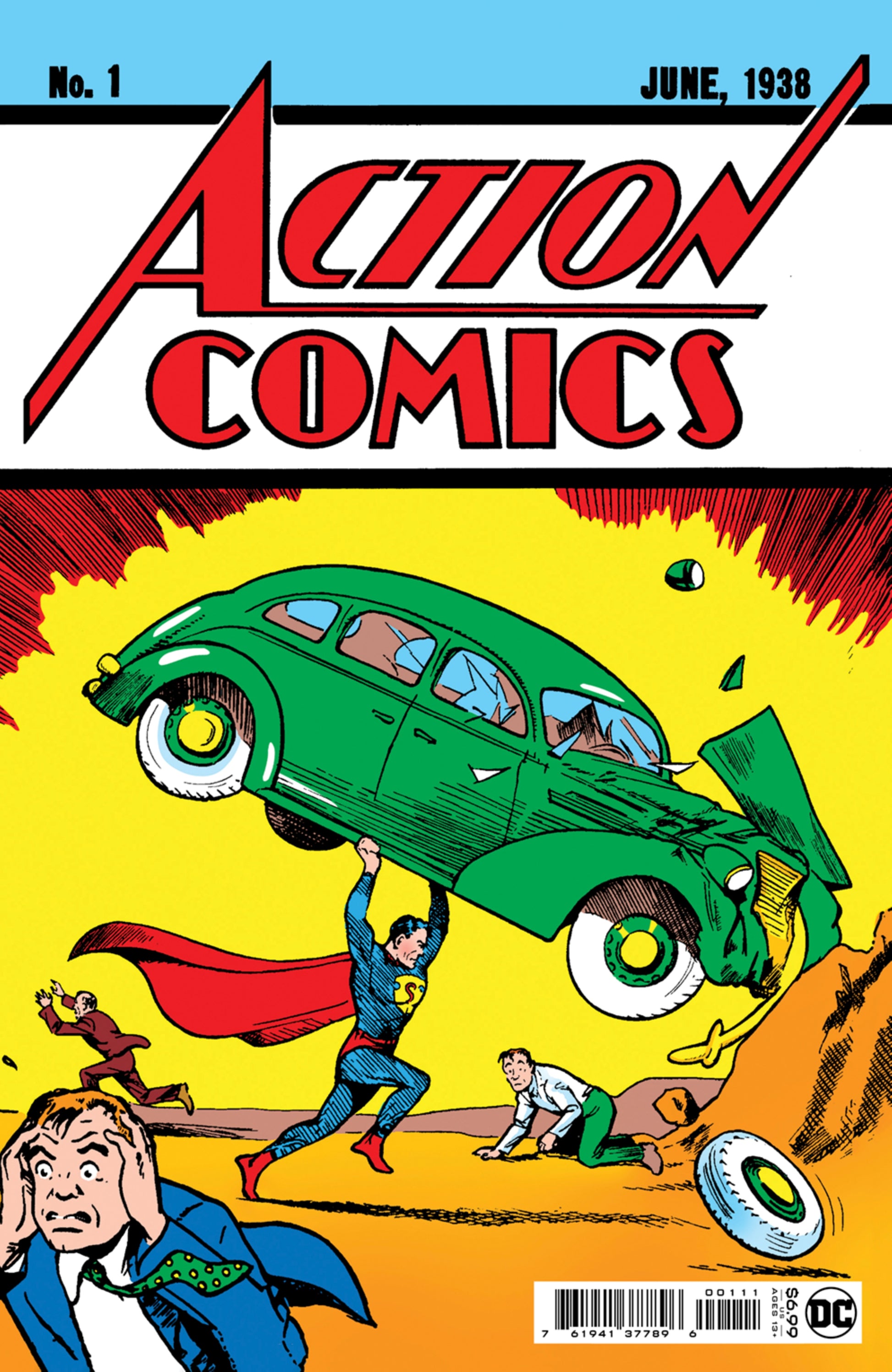 Comic book cover of 'Action Comics' featuring Superman lifting a car, with a yellow background and red text.