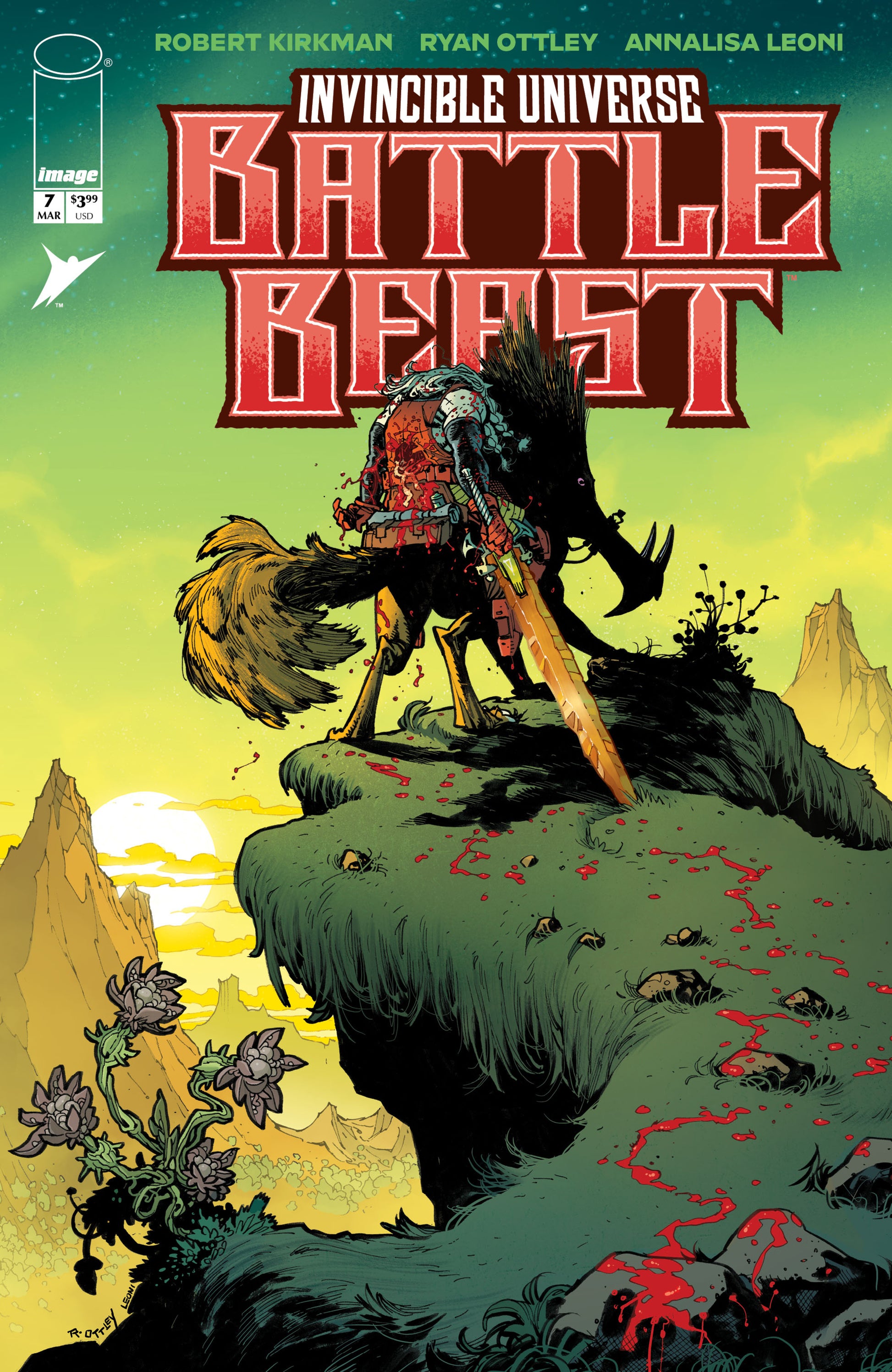 Comic book cover of 'Battle Beast' from the Invincible Universe series with a creature on a cliff.