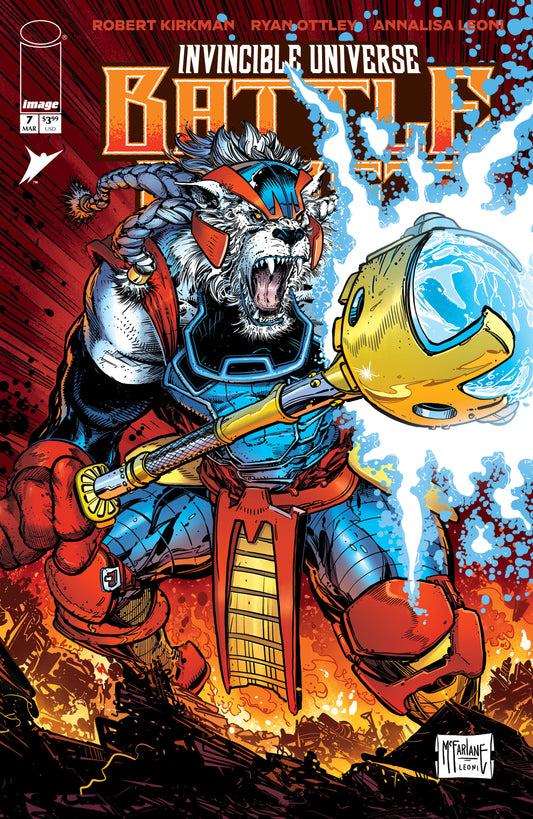 Comic book cover featuring a warrior-like character with a helmet and weapon, set against a fiery background.