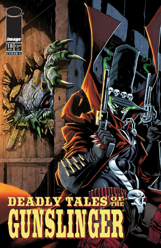 Comic book cover titled 'Deadly Tales of the Gunslinger' with a character holding guns and a creature head on a wall.