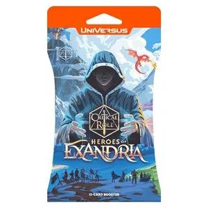 Critical Role Heroes of Exandria Booster Pack for UniVersus CCG, featuring colorful card artwork and game elements.