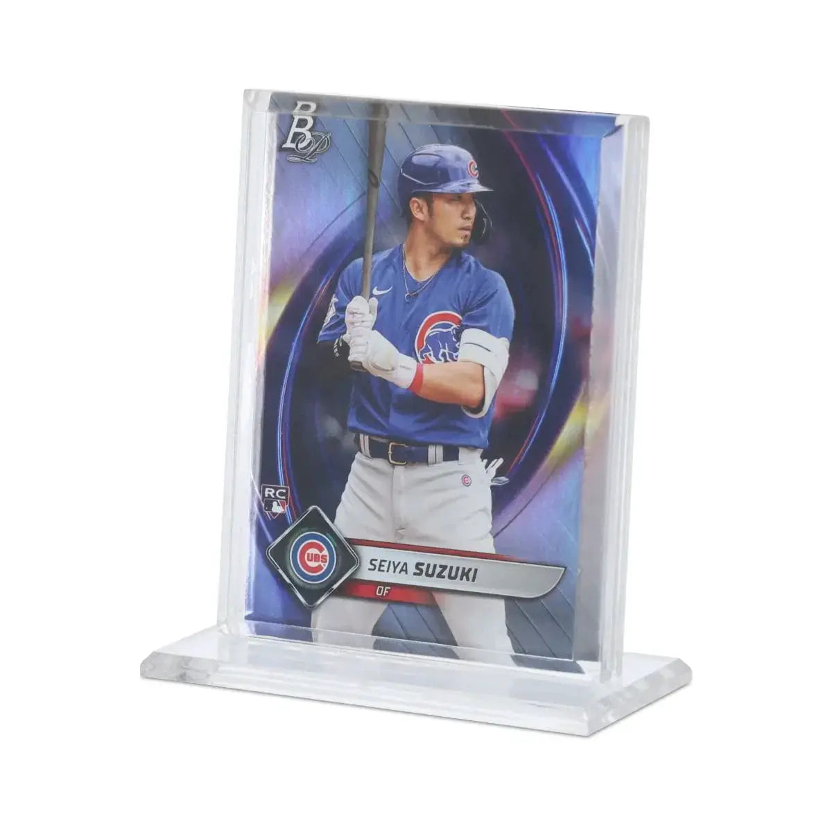 Acrylic vertical card stand from THE MIGHTY HOBBY SHOP, displaying a clear, sturdy holder for trading cards or small collectibles.