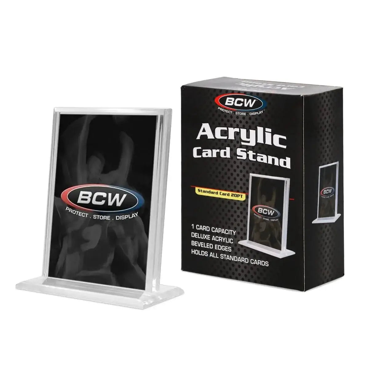 Vertical acrylic card stand by THE MIGHTY HOBBY SHOP holding collectible cards in clear, transparent display for easy viewing.