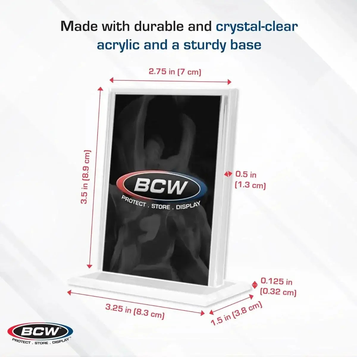 Vertical acrylic card stand by THE MIGHTY HOBBY SHOP, showcasing a clear, sturdy display for trading cards or small items.