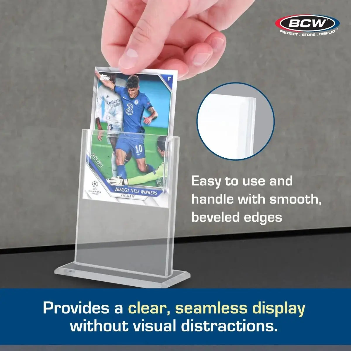 Vertical acrylic card stand from THE MIGHTY HOBBY SHOP displaying cards upright for easy viewing and organization.