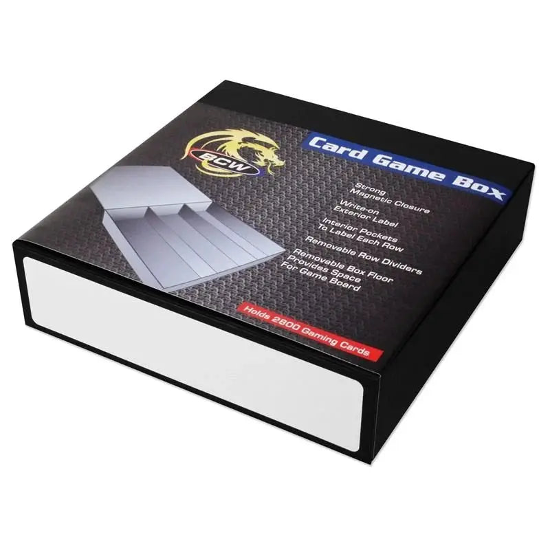 Black card game box with 3 rows and white accents, designed to hold and organize gaming cards efficiently.