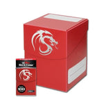 Large red deck case from THE MIGHTY HOBBY SHOP, sturdy storage for trading cards or collectibles.