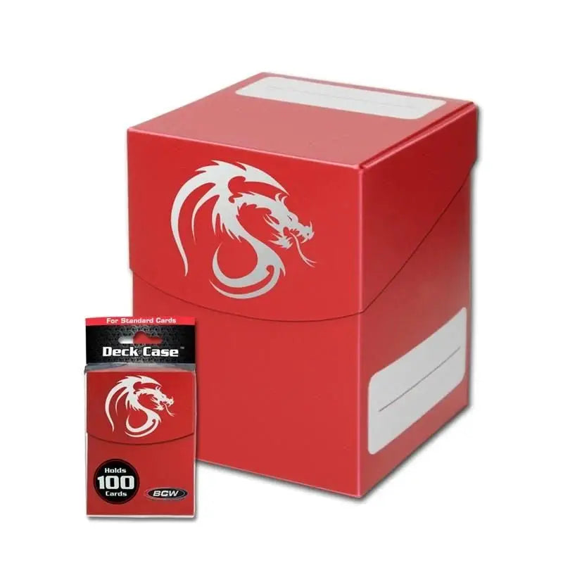 Large red deck case from THE MIGHTY HOBBY SHOP, sturdy storage for trading cards or collectibles.