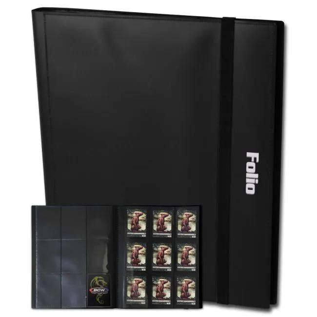 Black Folio 9-Pocket Album by THE MIGHTY HOBBY SHOP, showing the exterior and open pockets for storing trading cards.