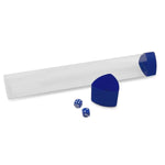 Blue Playmat Tube with Dice Cap from THE MIGHTY HOBBY SHOP, open to show the rolled interior and compact design.