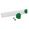 Open green playmat tube with dice cap from THE MIGHTY HOBBY SHOP, showing the colorful playmat rolled inside.
