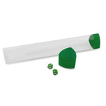 Open green playmat tube with dice cap from THE MIGHTY HOBBY SHOP, showing the colorful playmat rolled inside.